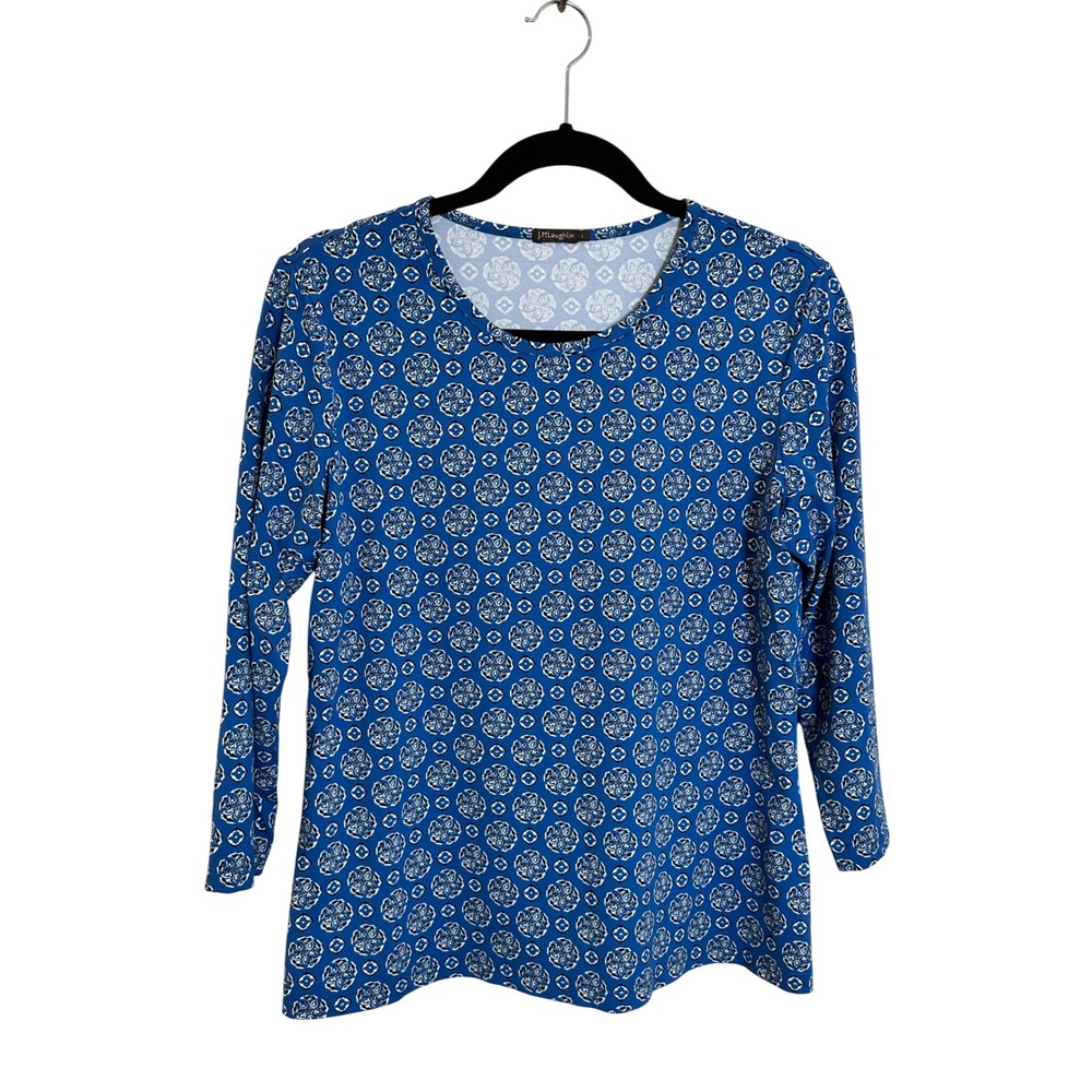 J.‎ McLaughlin Catalina Cloth Top Size L Blue Medallion 3/4 Sleeve Stretch USA